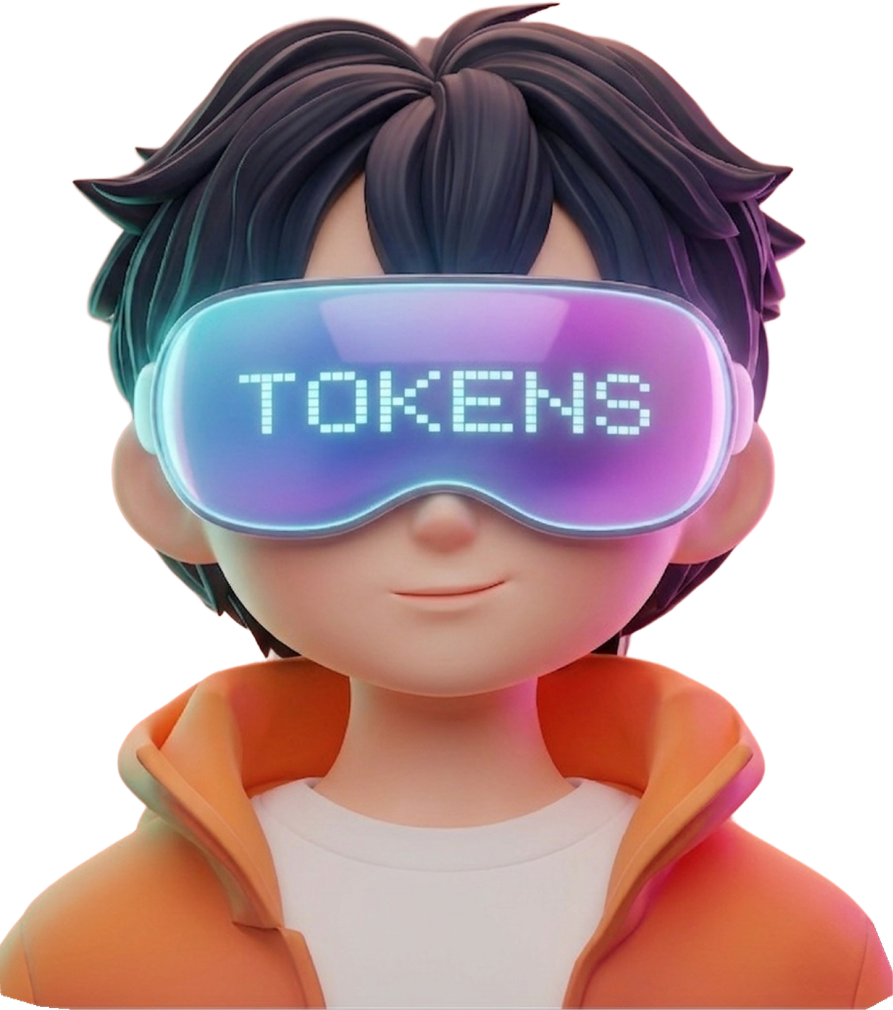 3D character wearing VR goggles displaying TOKENS, representing AI and digital innovation